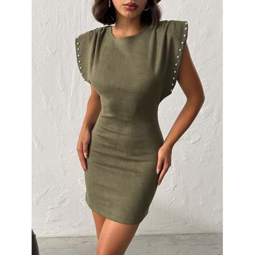 Vatkalı V Yaka Sırt Detay Süet Elbise Zımba Detay - YEŞİL - L - ST00071-YEŞİL-L