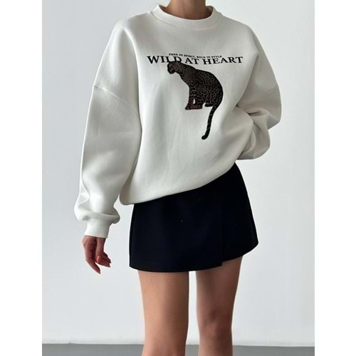 Leopar Baskılı Ekru Sweatshirt - EKRU - L - ST00082-EKRU-L