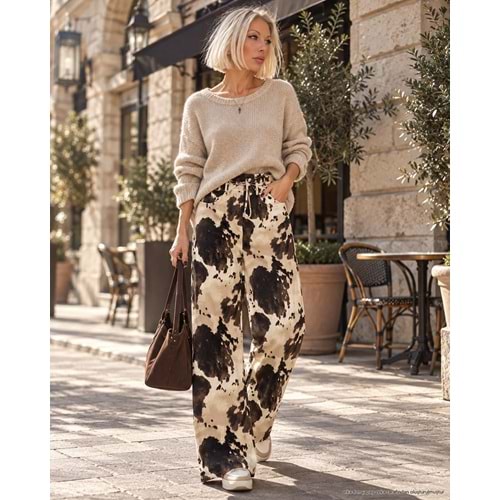 Kahve Krem Desenli Salaş Pantolon - DESENLİ - S - ST00083-DESENLİ-S