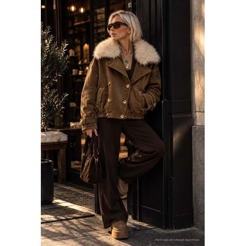 Çıkarılabilir Kürk Yaka Kahve Renk Apolet Bomber - KAHVERENGİ - S - ST00099-KAHVERENGİ-S