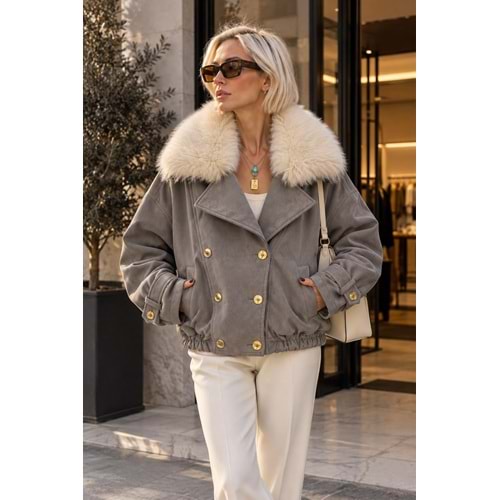 Çıkarılabilir Yaka Kürklü Gri Renk Apoletli Bomber - GRİ - M - ST00101-GRİ-M
