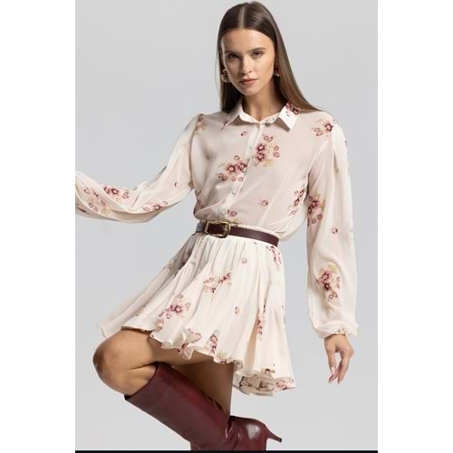 Çiçek Desen Asimetrik Etek Gömlek Takım Pinterest Model - SOMON - L - ST00108-SOMON-L