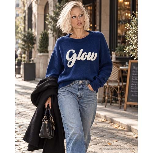 Glow Slogan Nakış Detaylu Triko Kazak Lacivert Renk - LACİVERT - STANDART - ST00115-11278