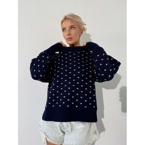 Kalp Baskı Görünümlü Lacivert Renk Kazak - LACİVERT - STANDART - ST00118-11286