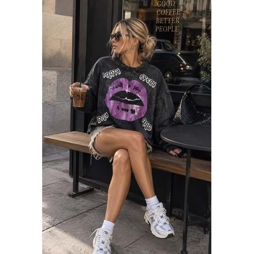 Yıkamalı Gri Üzeri Varak Dudak Baskılı Sweatshirt - ÇOK RENKLİ - STANDART - ST00196-11580