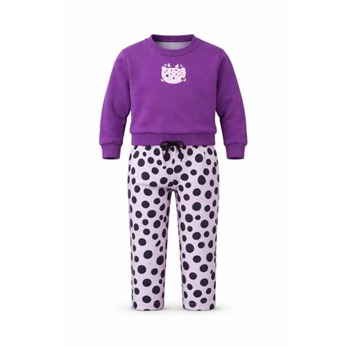 Mor Puantiye Taytlı Kedi Baskılı Altı Üst Takım - MOR - 2-3 YAŞ - ST00283-MOR-2-3 YAŞ