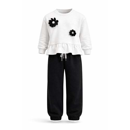 Beyaz Sweat Üzeri Çiçek Aplike Alt Üst Takım - SİYAH BEYAZ - 9-10 YAŞ - ST00310-SİYAH BEYAZ-9-10 YAŞ