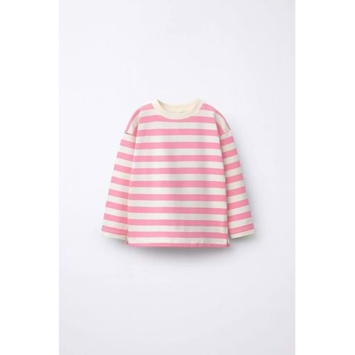 Kız Çocuk Pembe Renk Çizgili Sweatshirt - Uzun Kol