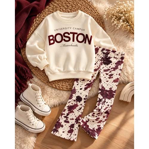 Kız Çocuk Boston Slogan Baskılı Bordo - Krem Renk Taytlı Alt Üst Takım