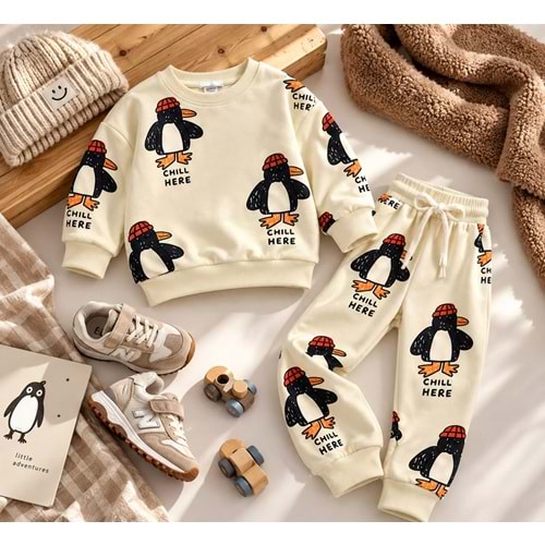Krem Renk Penguen Baskılı Takım - KREM - 2-3 YAŞ - ST00340-KREM-2-3 YAŞ