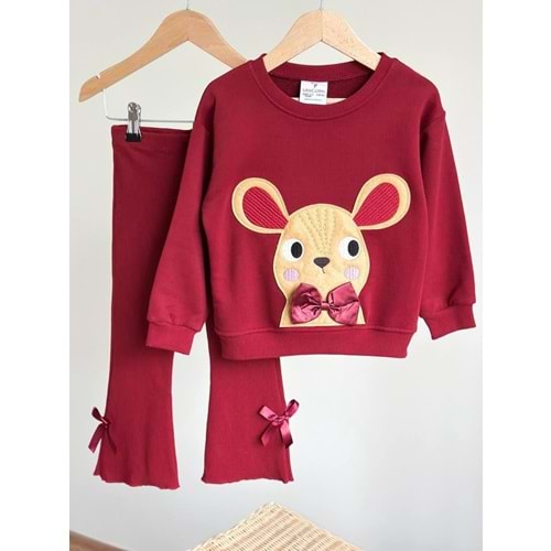 Bordo Renk Sevimli Papyon Kurdela Detaylı 3d Baskılı Takım - BORDO - 7-8 YAŞ - ST00343-BORDO-7-8 YAŞ