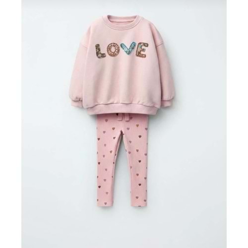 Taş Renk LOVE Baskılı SweatShirt Kaşkorse Tayt Alt Üst Takım