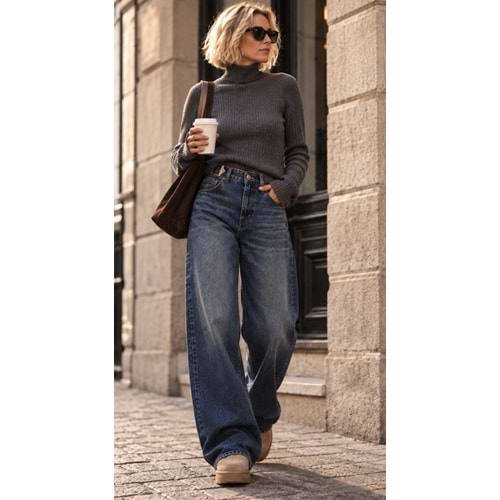Bel Detaylı Wide Leg Yıkamalı Lacivert Renk Kot Pantolon - LACİVERT - 34 - ST00370-LACİVERT-34