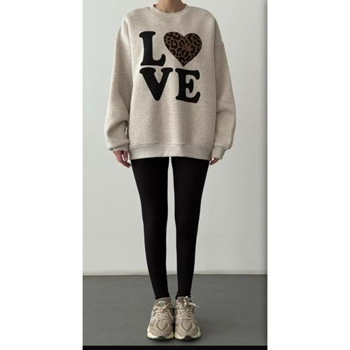 Bej Renk Love / Leopar Baskılı Sweatshirt - BEJ - S - ST00388-BEJ-S