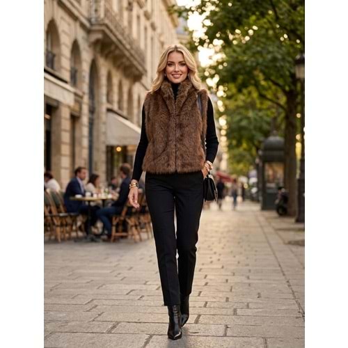Kürk Yelek Gizli Çıtçıt Kapama - KAHVERENGİ - L - ST00398-KAHVERENGİ-L