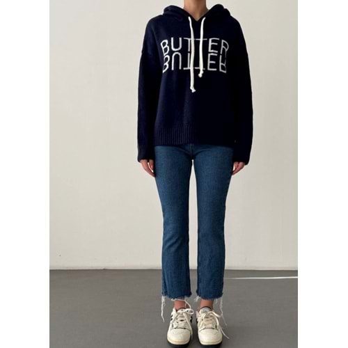 Lacivert Renk Kapüşonlu Butter Triko Kazak - LACİVERT - STANDART - ST00399-LACİVERT-STANDART