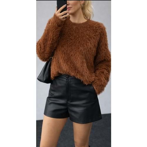 Tüylü Yumuşak Tuşe Hafif Crop Kazak - KAHVERENGİ - STANDART - ST00436-KAHVERENGİ-STANDART