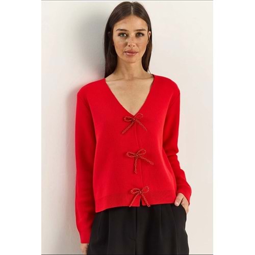 Boncuk Fiyonk Detaylı Çıtçıt Düğmeli Tasarım Hırka - KIRMIZI - STANDART - ST00451-KIRMIZI-STANDART