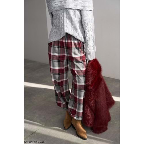 Ekoseli Pamuk - Viskon Salaş Pantolon - BORDO - M - ST00455-BORDO-M