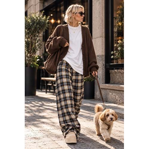 Ekoseli Pamuk - Viskon Salaş Pantolon - LACİVERT - L - ST00455-LACİVERT-L