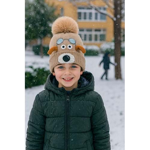 Ponponlu İçi Polarlı Hayvan Desen Nakışlı Vizon Çocuk Beresi 3-7 Yaş