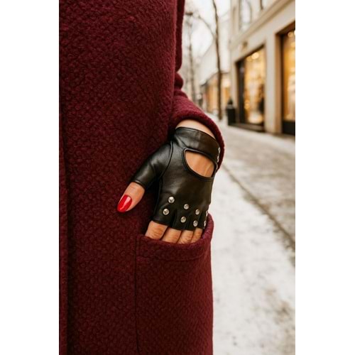 Kesik Troklu Deri Siyah Eldiven