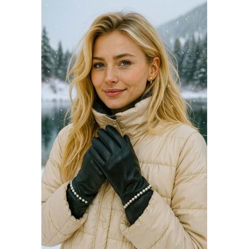 İnci Detaylı Siyah PU Deri Eldiven