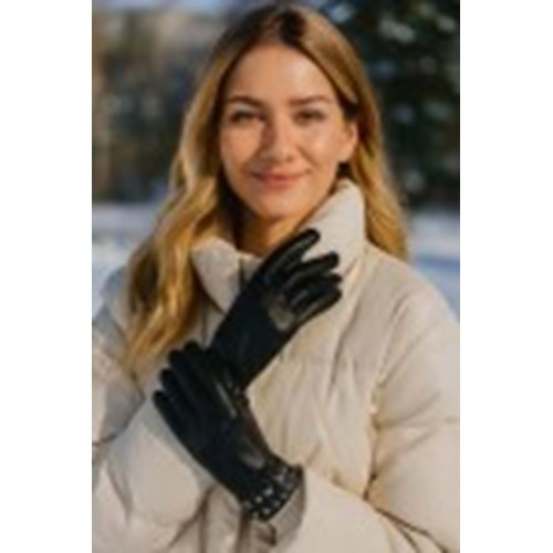 Bileği Taşlı Siyah PU Deri Eldiven