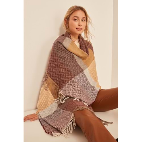 Yumuşak Dokulu Balık Sırtı Desenli Bordo Kalın Omuz Şal Atkı