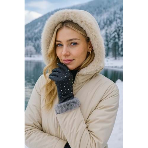 Bileği Kürklü Taşlı Siyah PU PU Deri Eldiven