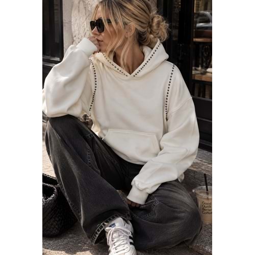 Zımba Detay Siyah Renk Şardonlu Sweat - Kapüşonlu - BEYAZ - L - ST00483-BEYAZ-L
