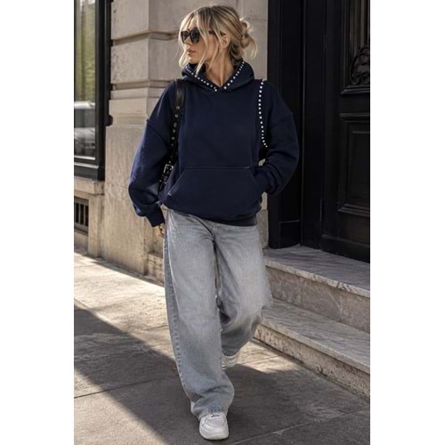 Zımba Detay Siyah Renk Şardonlu Sweat - Kapüşonlu - LACİVERT - S - ST00483-LACİVERT-S