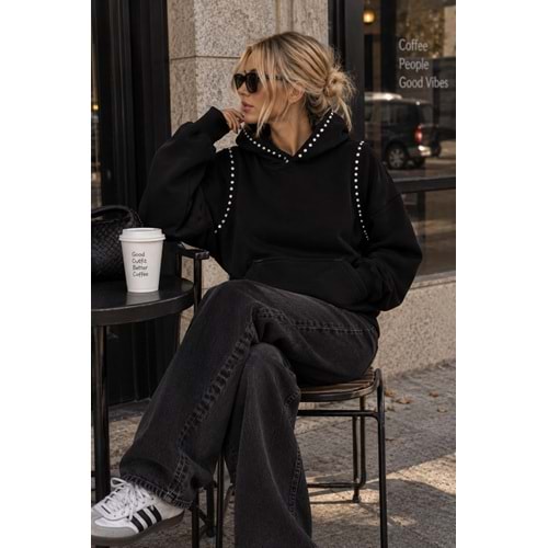 Zımba Detay Siyah Renk Şardonlu Sweat - Kapüşonlu - LACİVERT - S - ST00483-LACİVERT-S