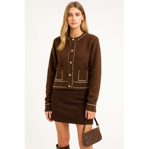 Dikiş Cep Detaylı Düğmeli Tasarım Trend Hırka