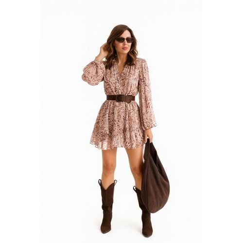 Karışık Desen Kemerli Mendil Etek Detaylı Elbise - ÇOK RENKLİ - S - ST00490-ÇOK RENKLİ-S