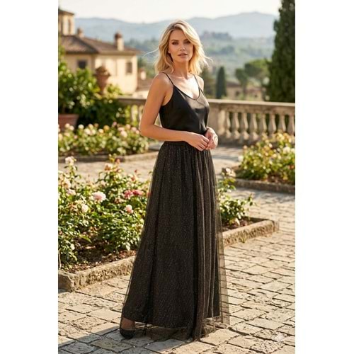 Maxi Boy Dore Sim Geçişli File Kumaş Etek - SİYAH - L - ST00499-DORE-L