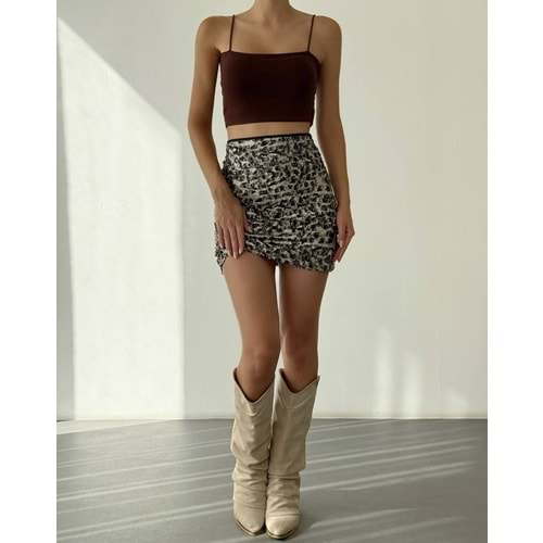 Payetli Mini Leopar Desen Kahve Tonlu Etek