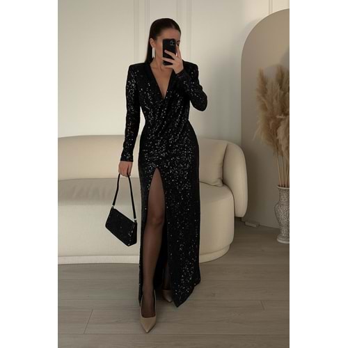 Vatkalı Derin Yırtmaçlı V Yaka Payeli Maxi Boy Elbise - SİYAH - S - ST00504-SİYAH-S