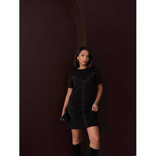 Süet Zımba Detaylı Mini Elbise - SİYAH - M - ST00508-SİYAH-M