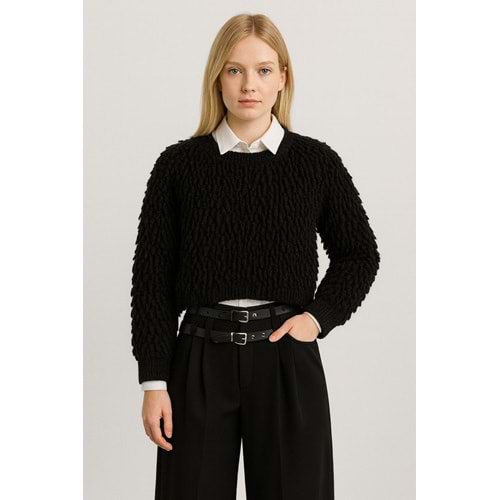 Yüksek Bel Kemerli Palazzo Pantolon Siyah Renk - SİYAH - L - ST00520-SİYAH-L