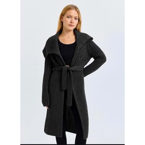 Kırçıllı Gri Siyah Bel Bağlamalı Hırka