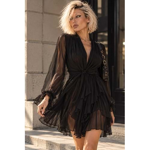 Siyah Renk Kat Kat Mini Mendil Elbise - SİYAH - M - ST00522-SİYAH-M