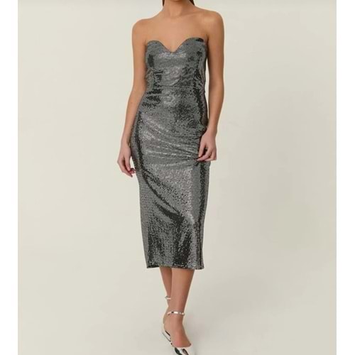 Disco Gümüş Straplez Midi Boy Elbise Party! - GÜMÜŞ - S - ST00553-GÜMÜŞ-S