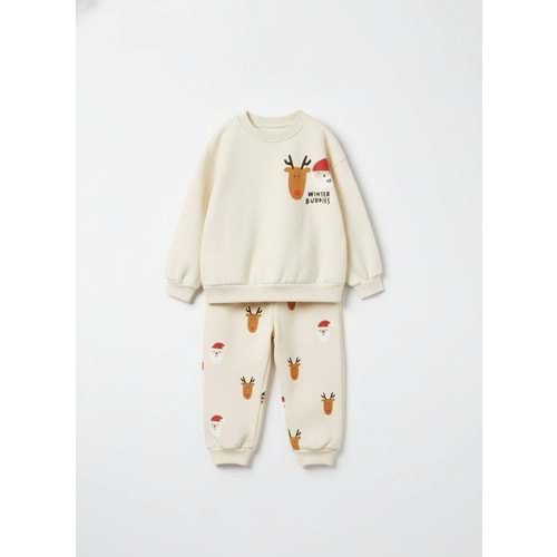 Krem Renk Winter Buddies Baskılı Alt Üst Takım Eşorman - Sweatshirt