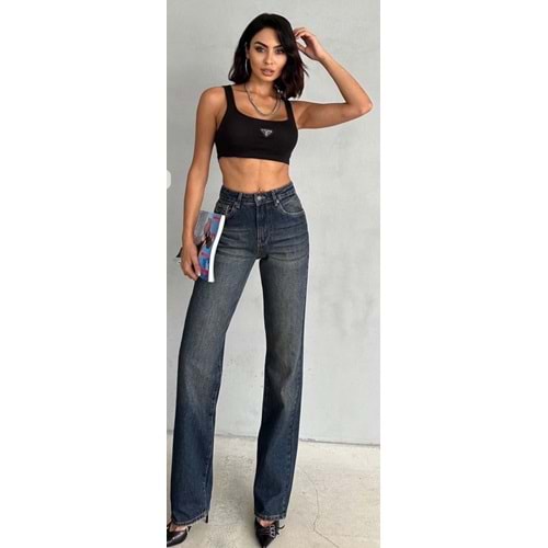 Taşlamalı Boru Paça Yüksek Bel Denim / Kot Pantolon - LACİVERT - 38 - ST00582-LACİVERT-38