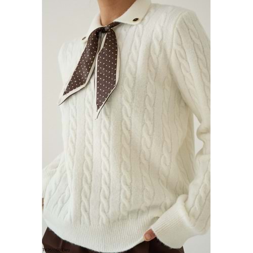 Kendinden Fularlı Tasarım Kazak Ekru Renk