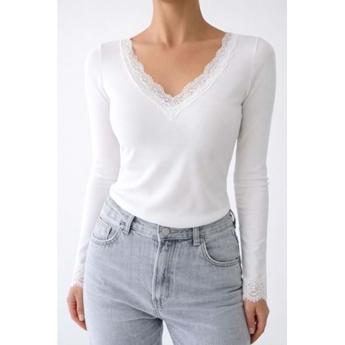 Yaka Kol Dantel Detaylı Ekru Renk Bluz - EKRU - L - ST00612-EKRU-L