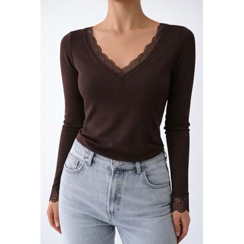 Kol ve Yaka Dantel DEtaylı Acı Kahve Renk Bluz - KAHVERENGİ - S - ST00614-KAHVERENGİ-S