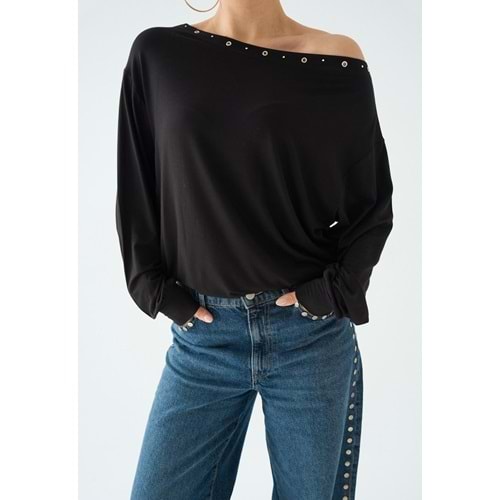 Yaka Kuş Gözü Detaylı ( Zımbalı ) Bluz - SİYAH - L - ST00634-SİYAH-L