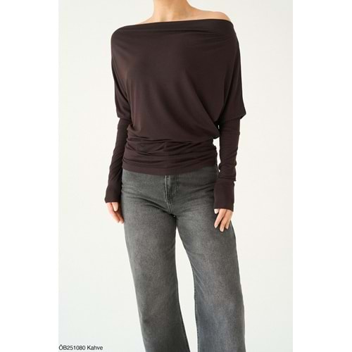 Düşük Omuz Viskon Bluz - KAHVERENGİ - M - ST00635-KAHVERENGİ-M